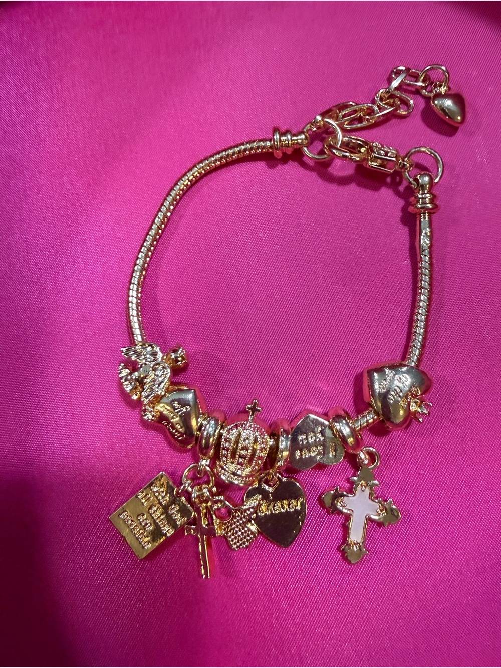 Gold Charm Bracelet with Hearts, Cross & Crown Charms